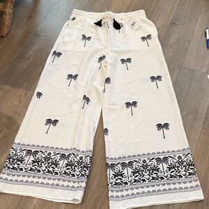 White Wide-Leg Pants with Black Palm Tree Print